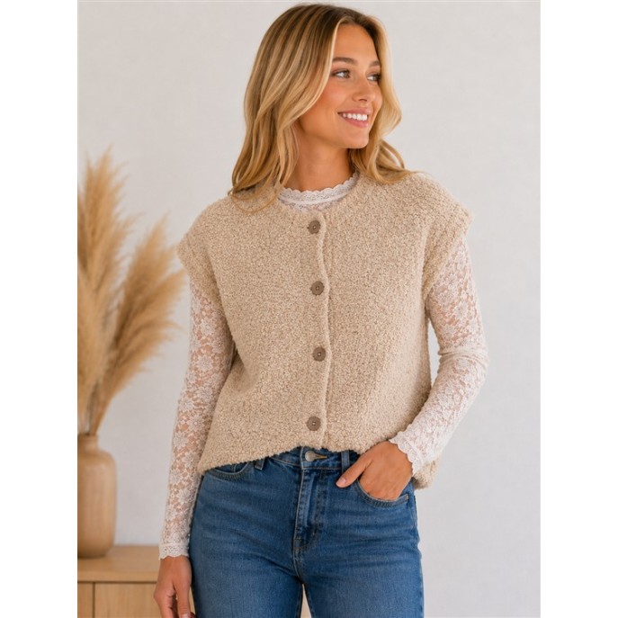 Red Button Vest Mouwloos Bouclé SRB5074 Latte Red Button Vest Mouwloos Bouclé SRB5074 Latte